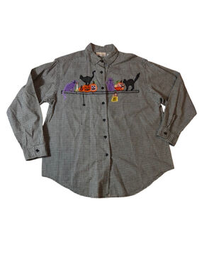 Casey & Max Halloween Cat Pumpkin Embroidered Gingham Shirt Large